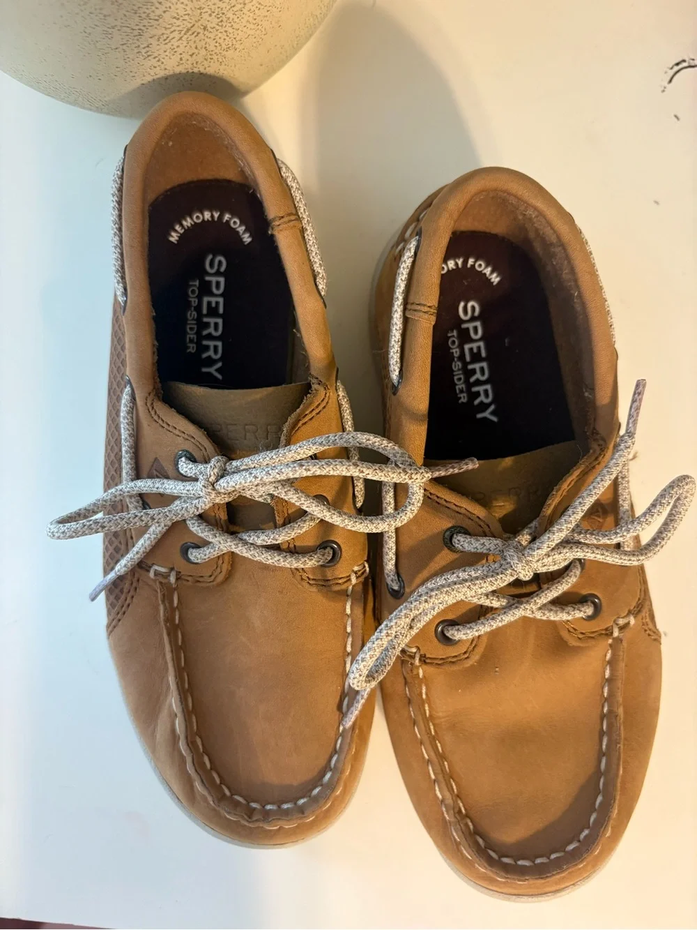 Kids Tan Sperry Boat Shoes with Contrast Laces